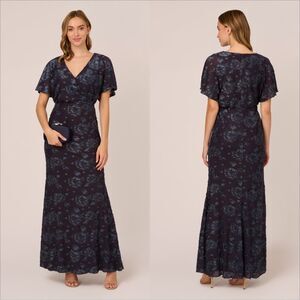 Adrianna Papell Floral Burnout Velvet Long Blouson Gown in Midnight Size 16
